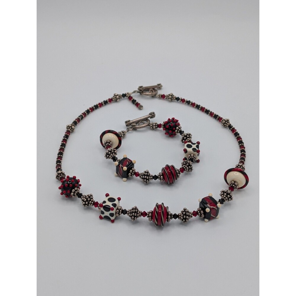Vtg Artisan Lampwork Glass Crystal Beads 925 Sterling Bracelet Necklace Set Goth image 2